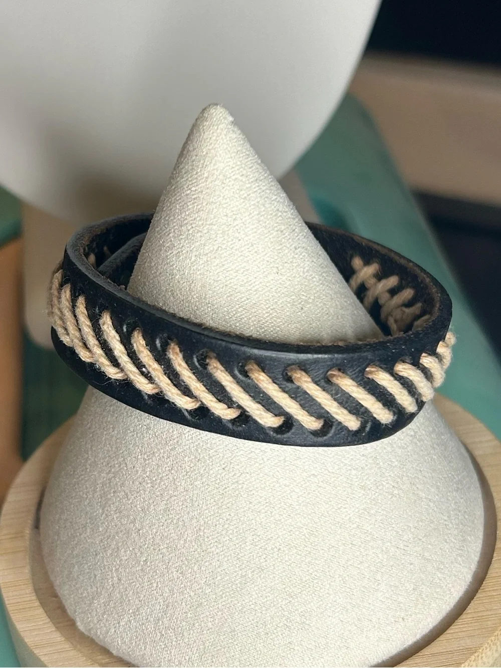 Vintage Black Leather Whipstitch Boho Western Adjustable Snap Bracelet